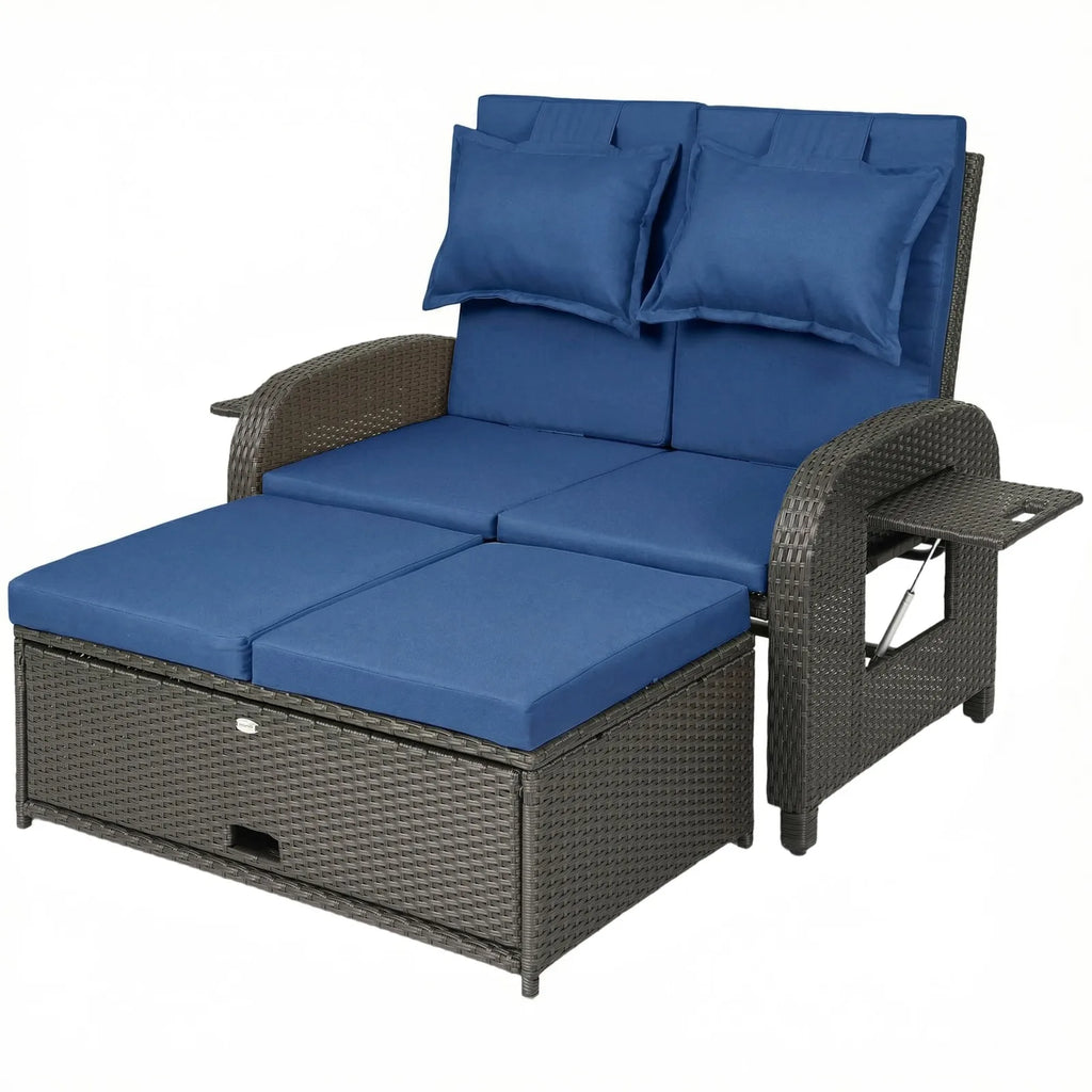 Outdoor Patio Rattan Daybed w/Storage Ottoman, Navy Blue