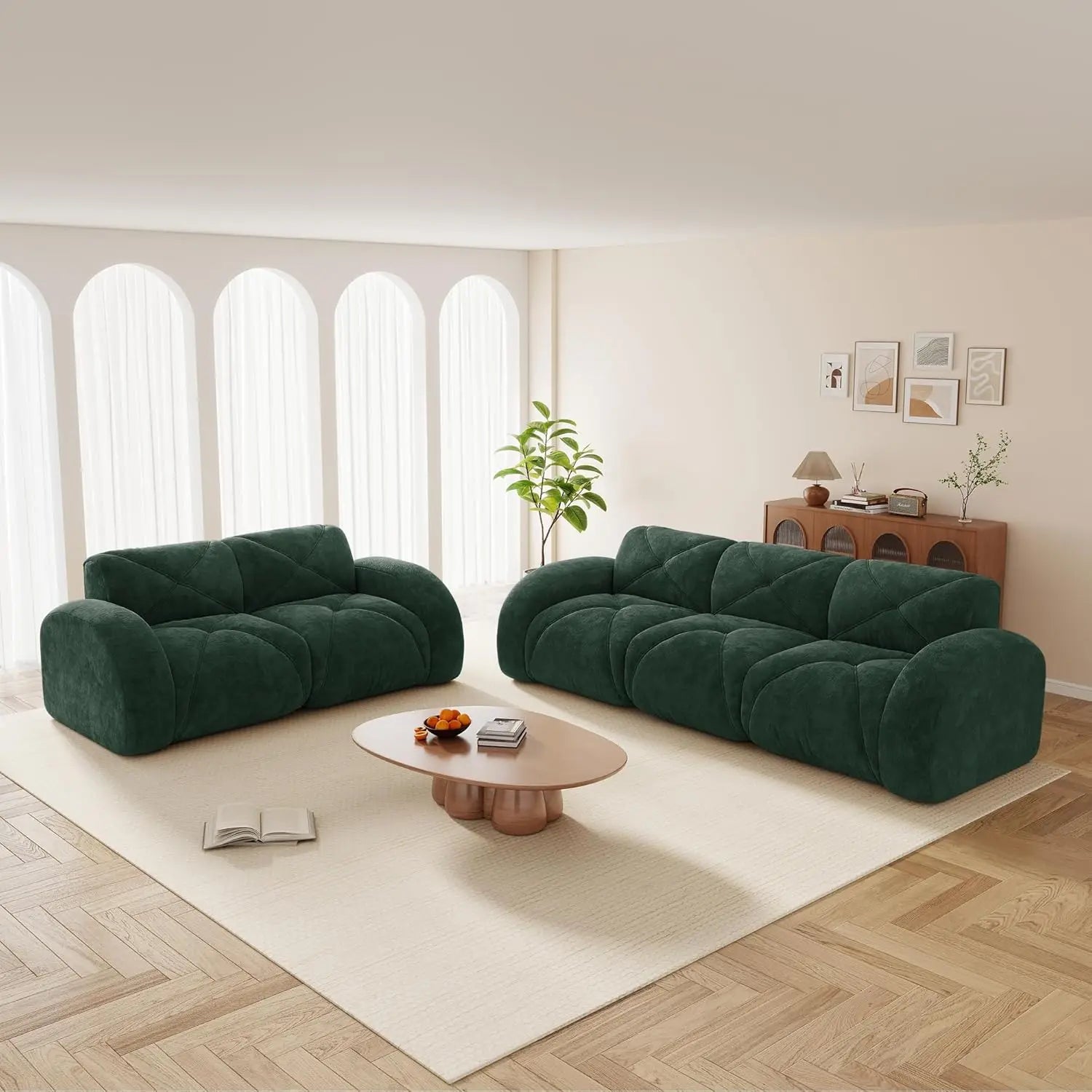 2-Piece Velvet Boneless Sofa Set, 2-Seat Loveseat & 3-Seat Sofa