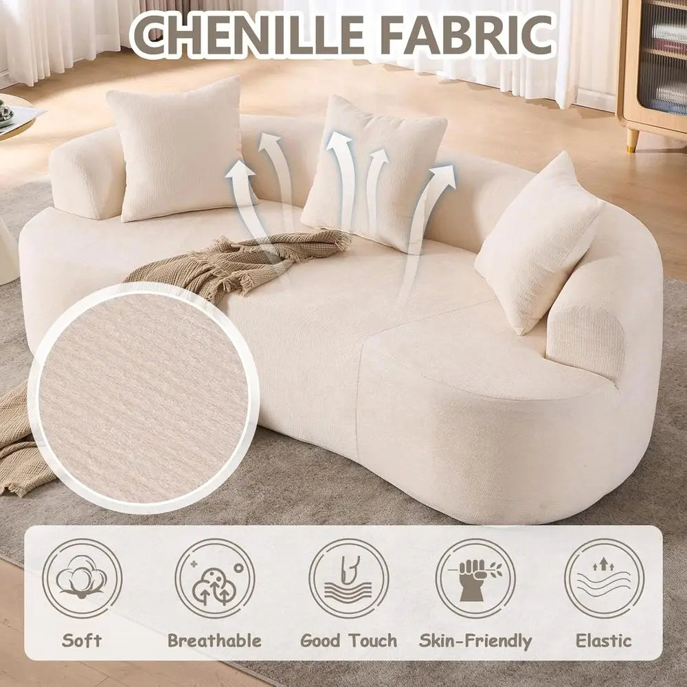 67” Plush Chenille Curved Loveseat, 3 Throw Pillows Extra Wide Armrests
