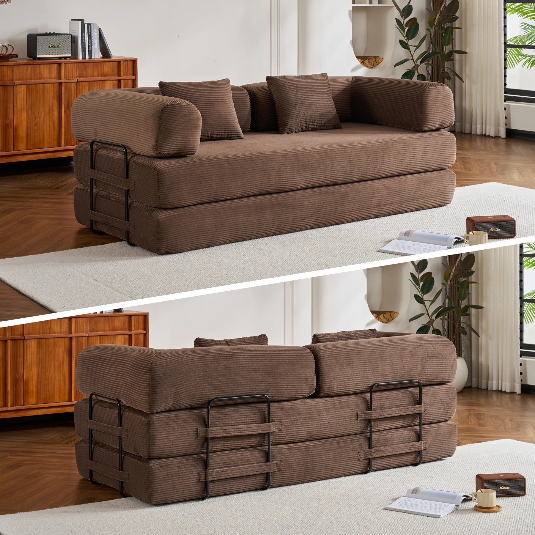 79" Folding Convertible Oversized Corduroy Sofa Bed, Boneless Loveseat