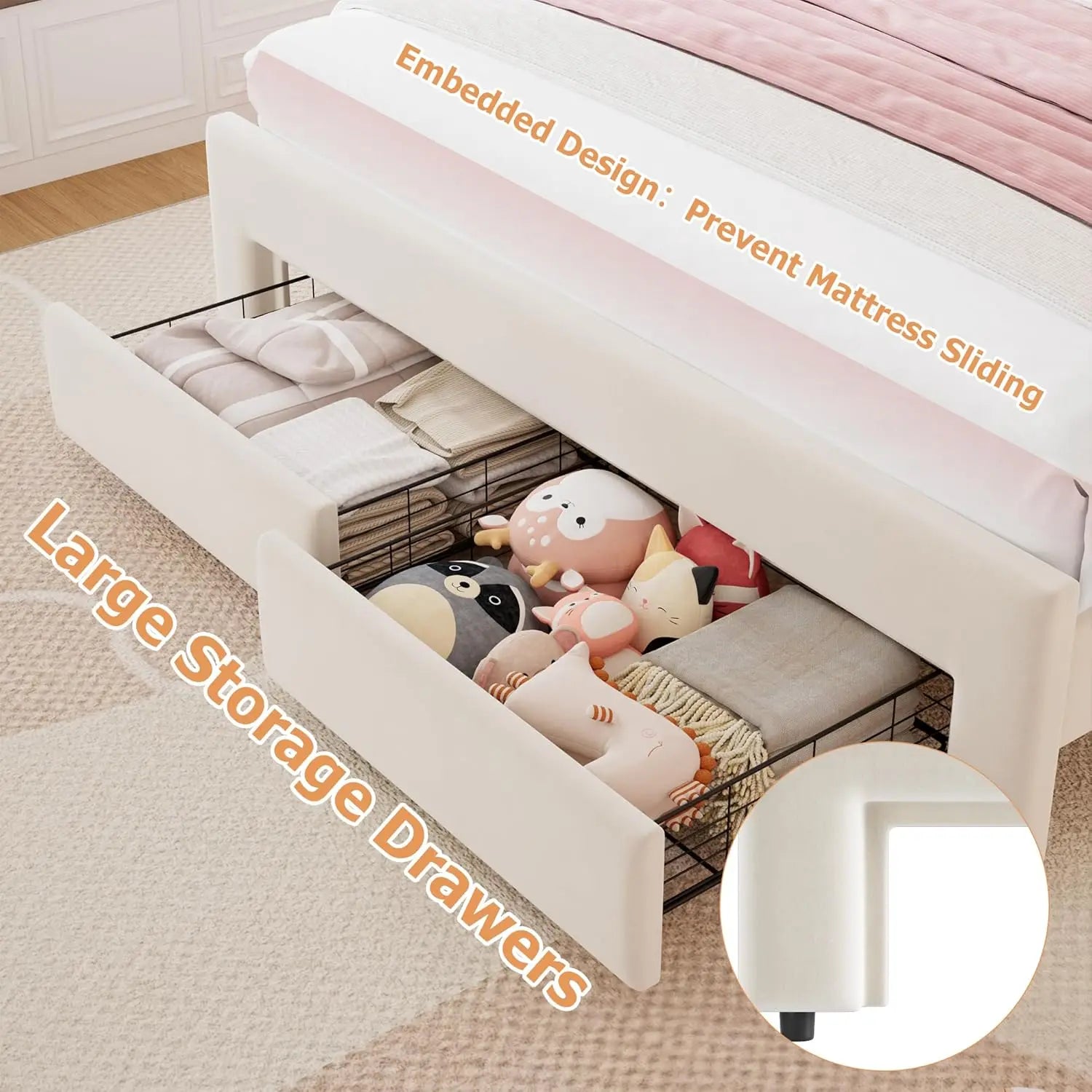 Velvet LED Bed Frame, 2-Drawers, RGB LED Adjustable Headboard, Charging Station