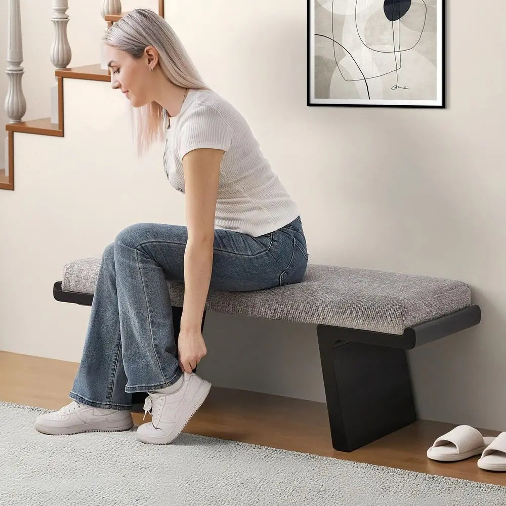 Bed Bench, Upholstered, Solid Wood Legs, Floating Design, Linen Fabric