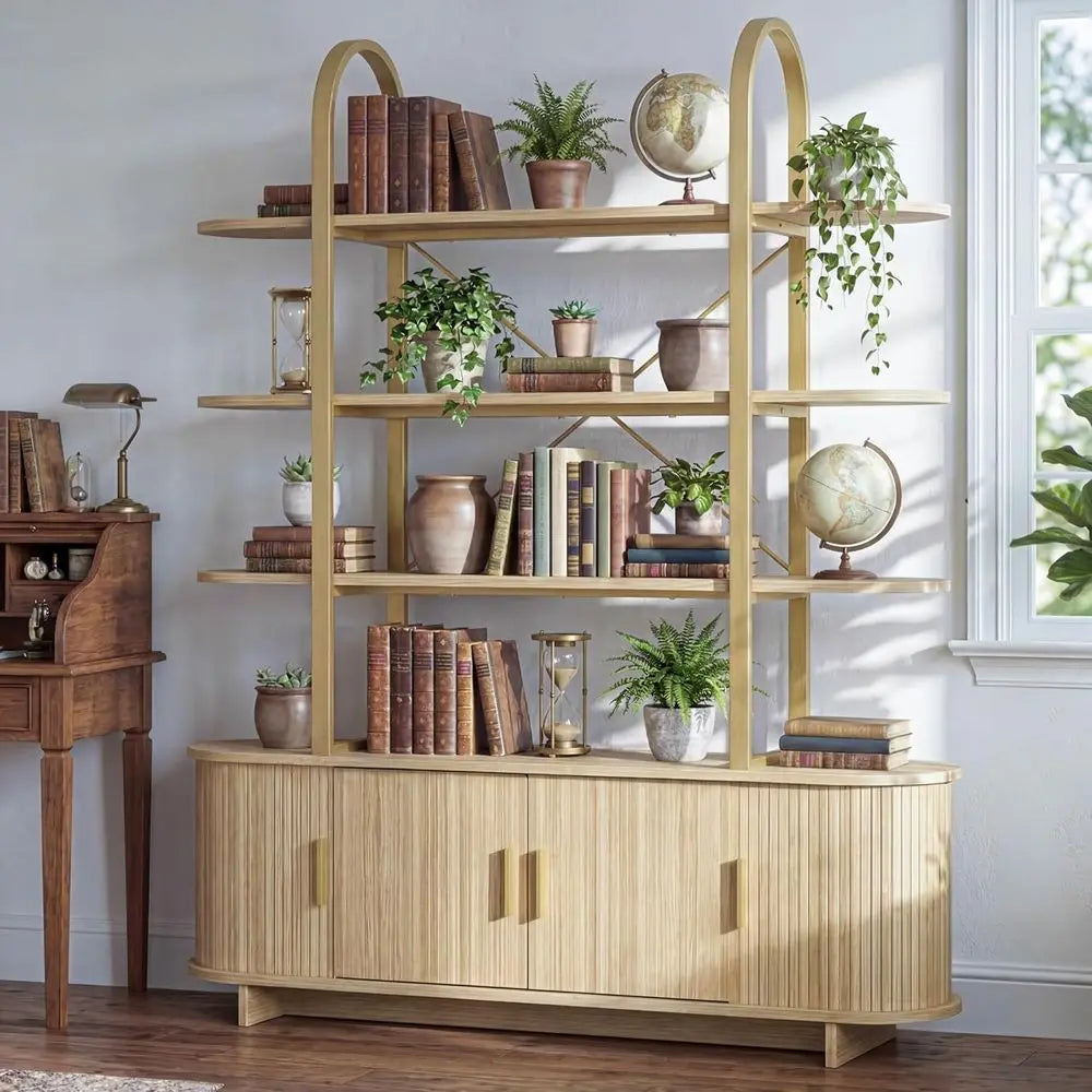 Elegant Tall Arched Wooden Bookcase Cabinet, Sliding Doors, Secret Compartments