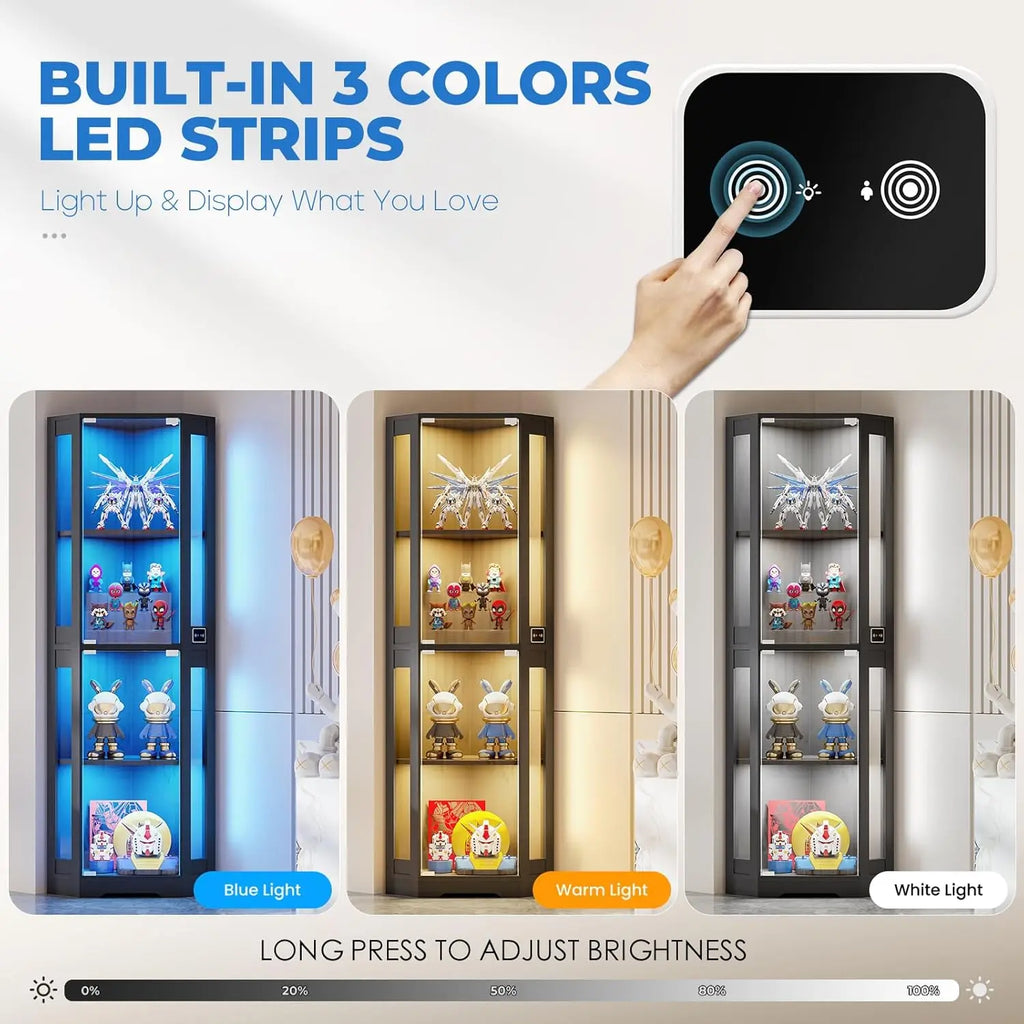 65" Corner Glass Display, LED Lights, 4-Tier, Glass Doors & Human Body Sensor