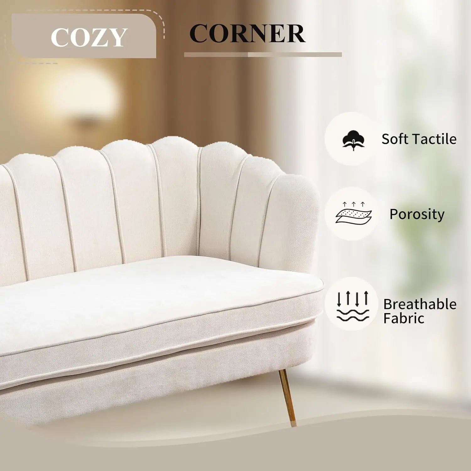 59" Chenille Upholstered Loveseat, Gold Metal Legs, Petal Design