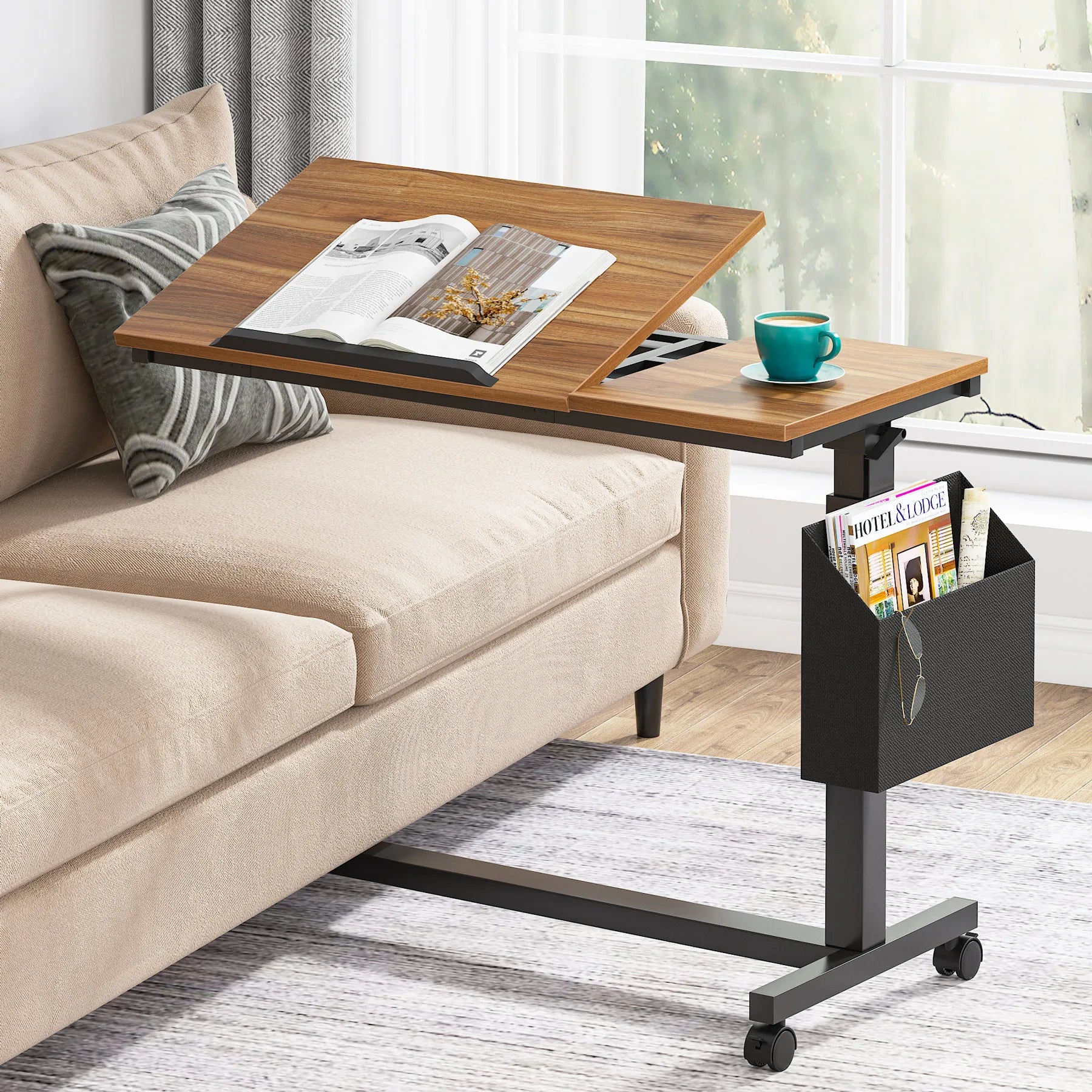 Height Adjustable C-Shaped Table, Wheels, Side Pocket, Tiltable Drawing Board