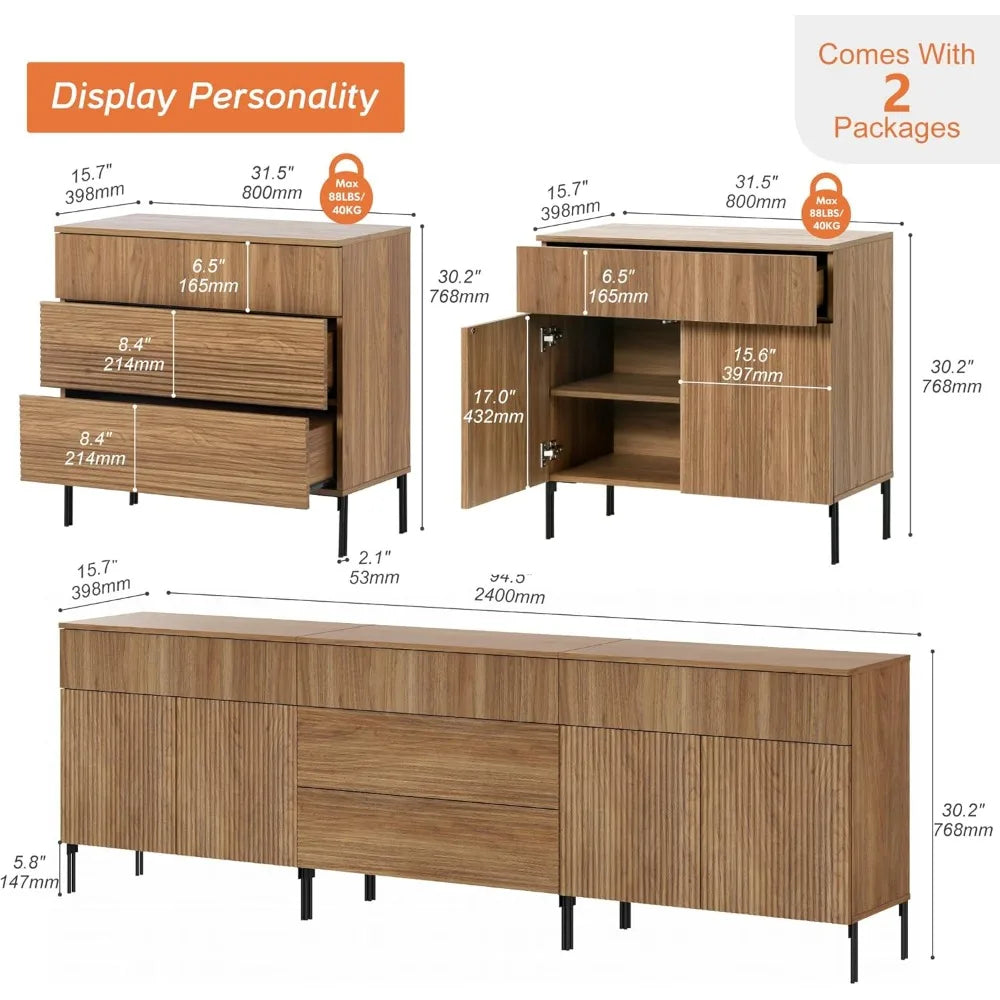 Fluted TV Stand for TVs up to 100IN 3-in-1, Storage Cabinets, 5 Drawers, 4 Doors