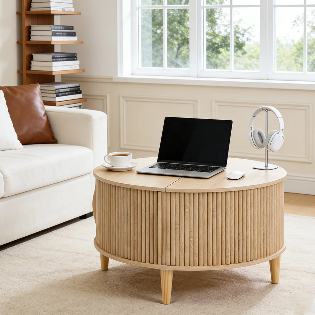 31IN Round/Flip-Top Storage Coffee Table, Fluted Center, 2-Tier, Sliding Door