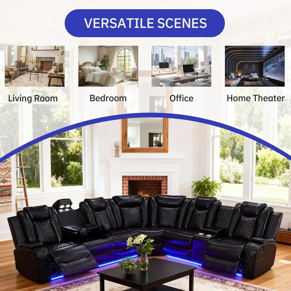 Leather Reclining Sectional Sofa LED Lights, Cup Holders, Storage