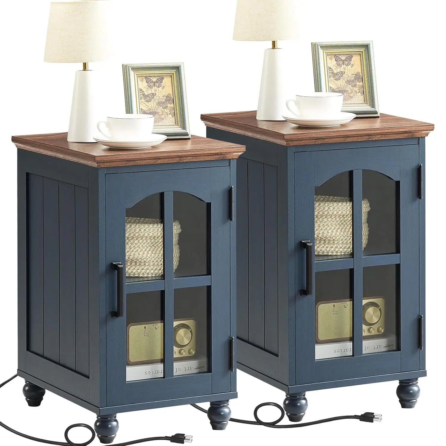Narrow End Table Set of 2 Charging Station Glass Door