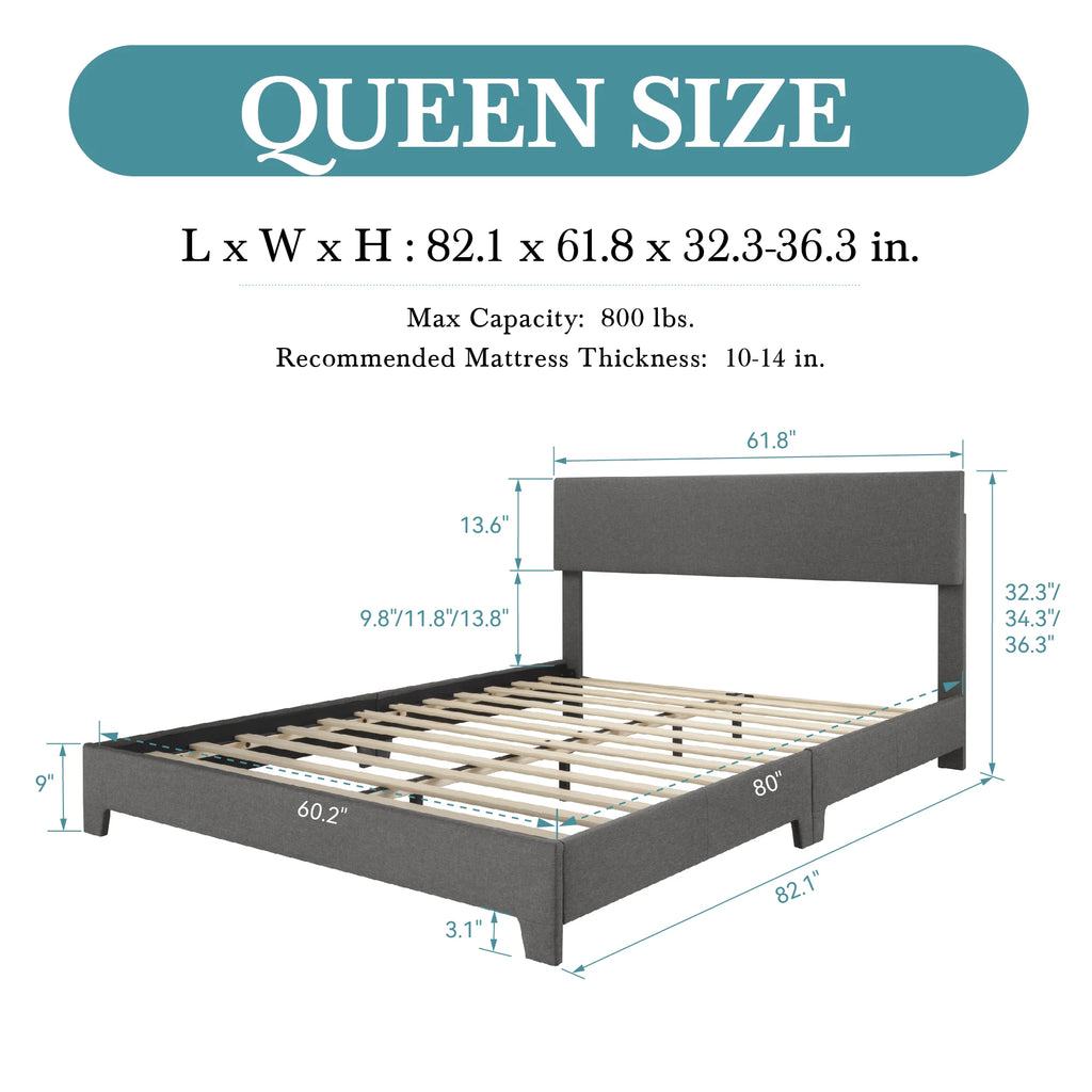Upholstered Bed Frame, Adjustable Linen Headboard, Sturdy Wood Slats