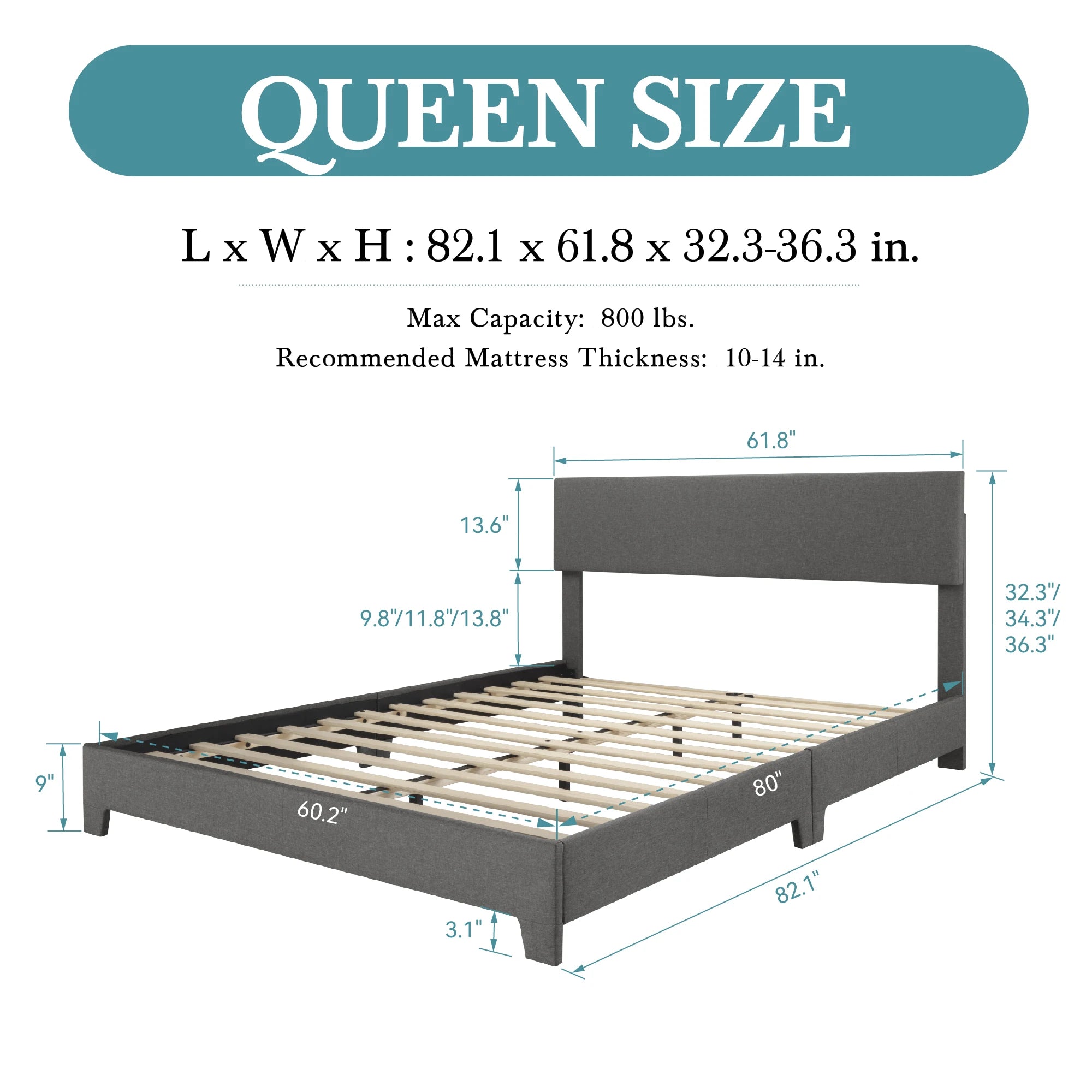 Upholstered Bed Frame, Adjustable Linen Headboard, Sturdy Wood Slats