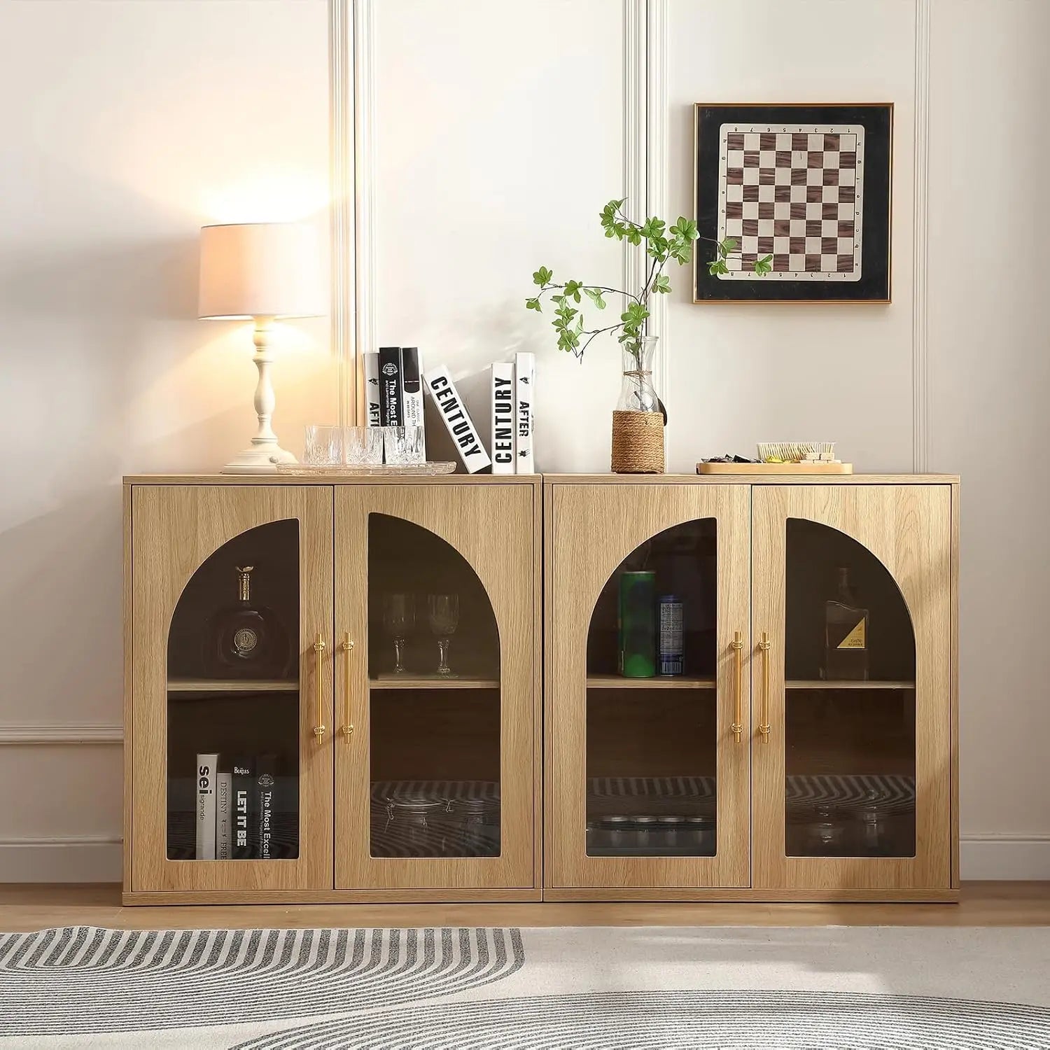 63" Set of 2 Small Buffet Cabinets Arched Glass Doors