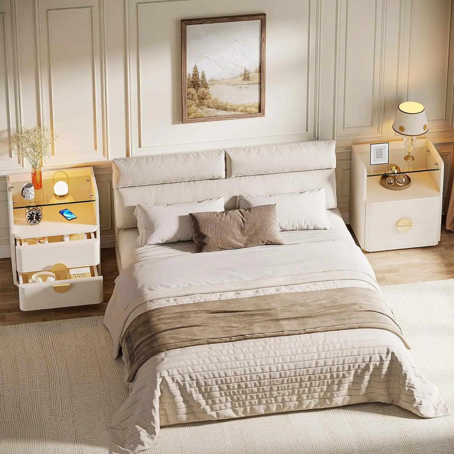 Nightstand w/2 Drawers, w/Open Storage Shelf, Tempered Glasses