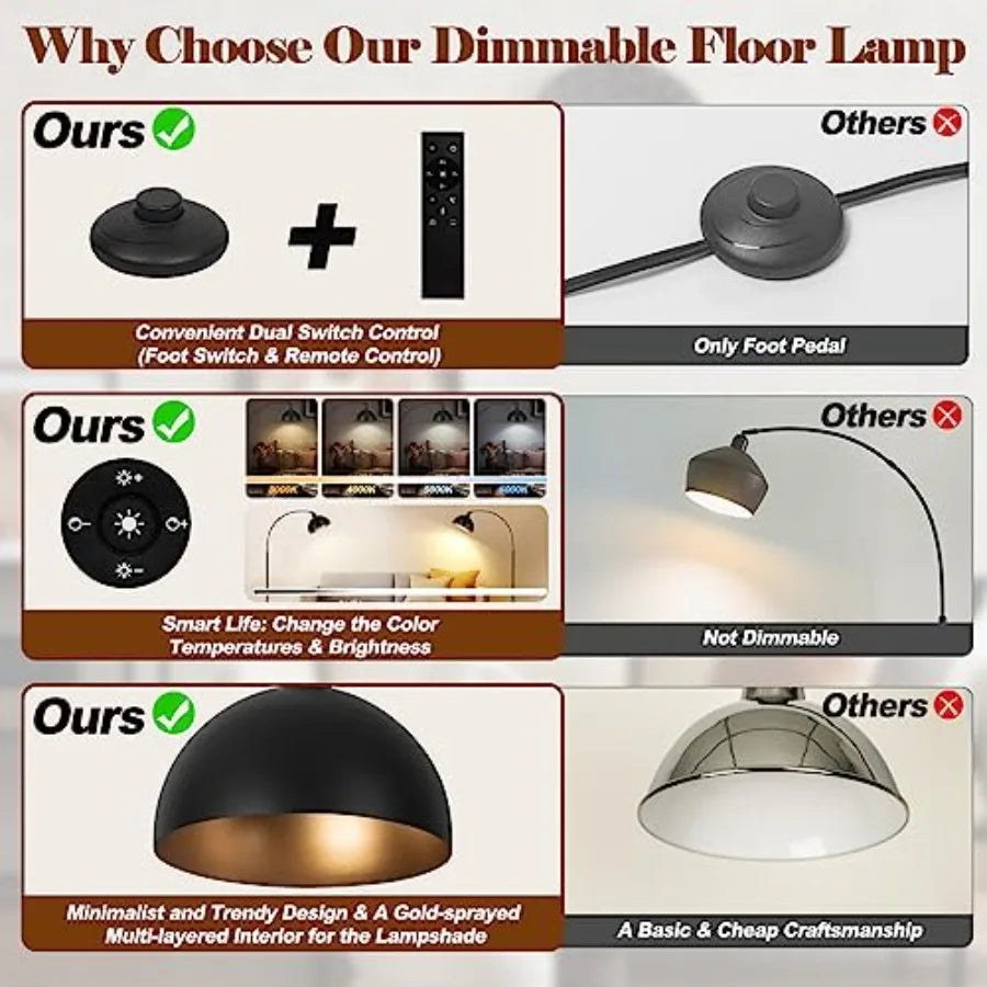 Dimmable Arched Floor Lamp Remote Control 2700-6000K 9W LED Bulb Included