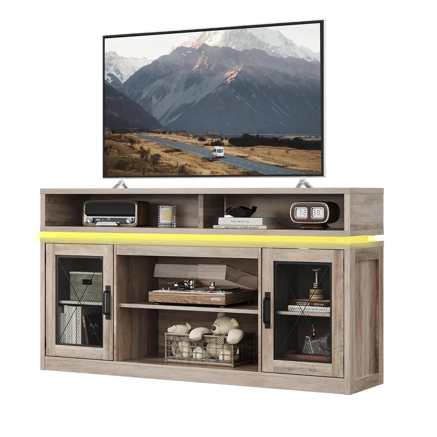 Farmhouse Entertainment Center for TV's Up to 65in, Cabinets, LED Lights