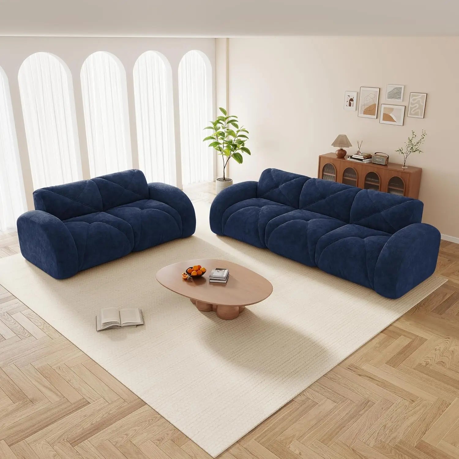 2-Piece Velvet Boneless Sofa Set, 2-Seat Loveseat & 3-Seat Sofa