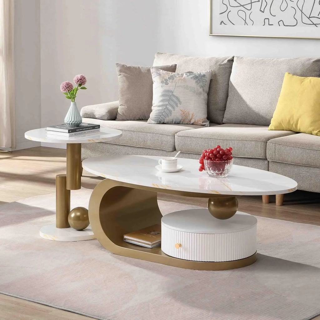 Coffee Table, Silver Stainless Steel Pedestal Oval Faux Marble Top.