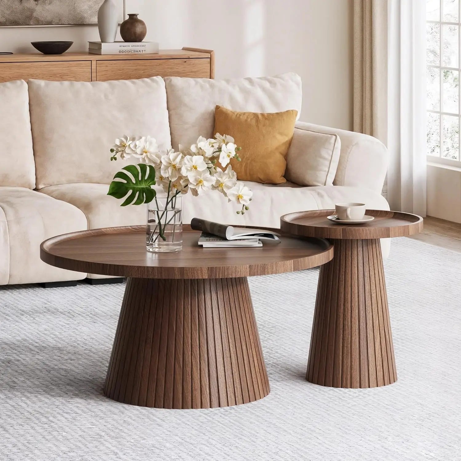 Coffee Table Set of 2, Fluted Faux Stone Veneer, Travertine Tea Table