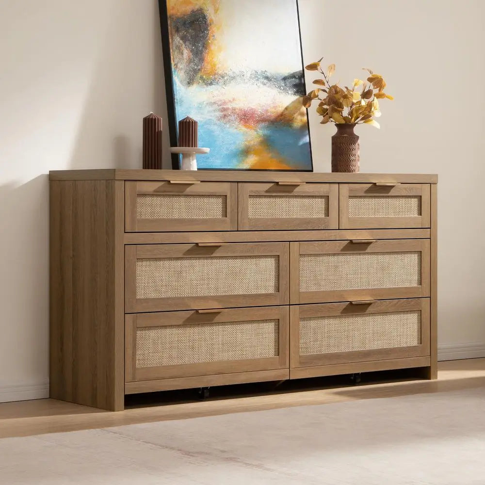 7-Drawer Dresser 57IN Wide Rattan Dressers, Large Chest of Drawers