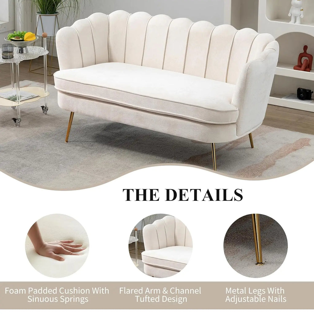 59" Chenille Upholstered Loveseat, Gold Metal Legs, Petal Design
