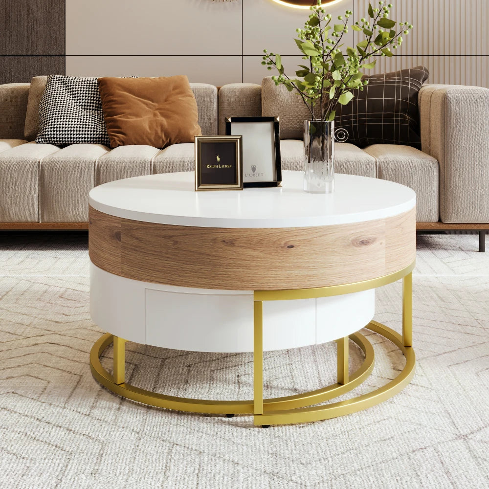 Height-adjustable Nesting Coffee Table Hydraulic Lift Function, Two Drawers