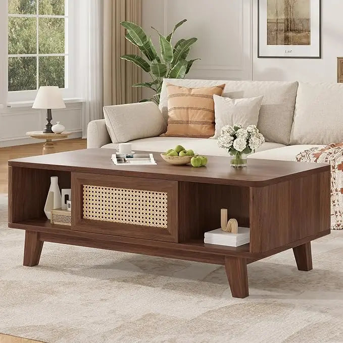 Mid Century Coffee Table, Rattan Drawer, Wood Storage Table