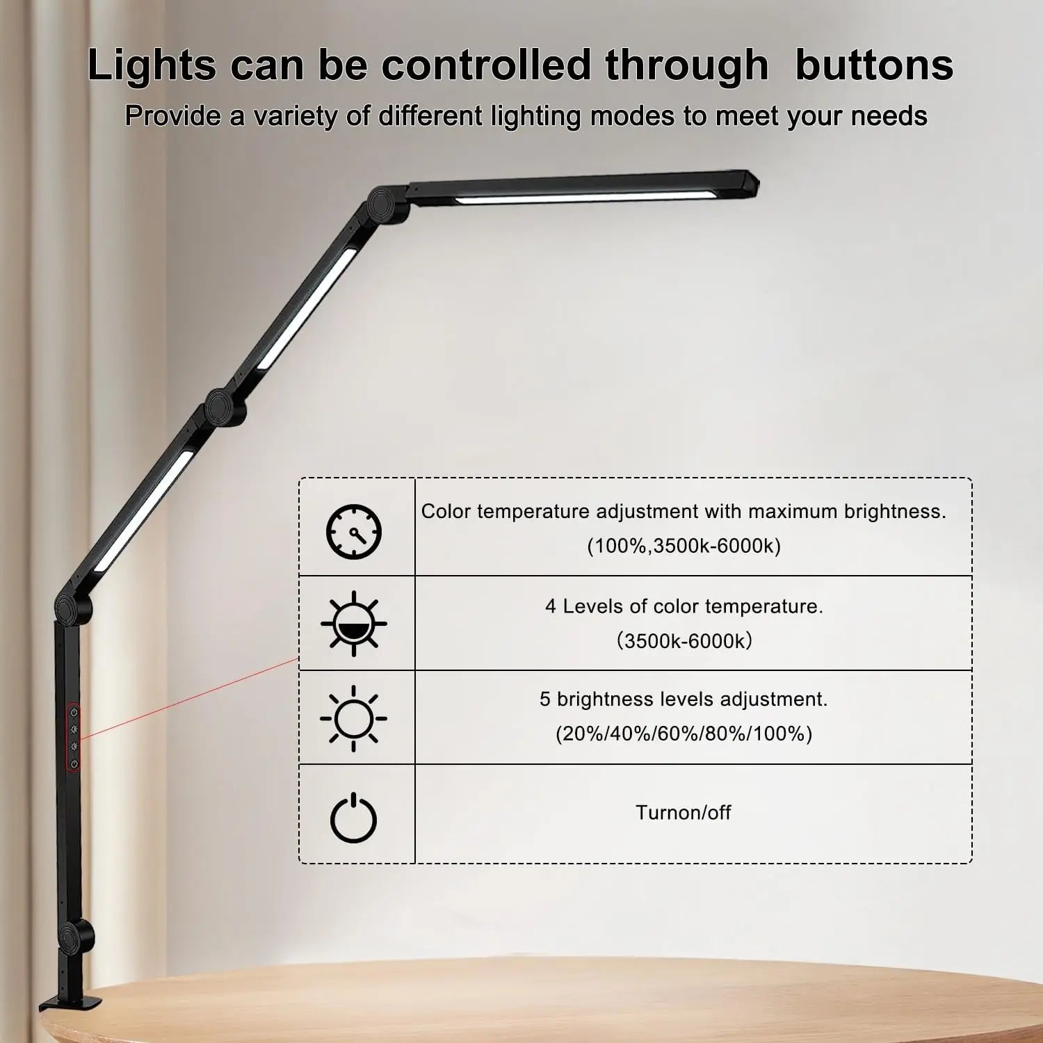 LED Desk Lamp, Clamp, 4 section Swing Arm, Three lights: 4 Colors, 5 Brightness