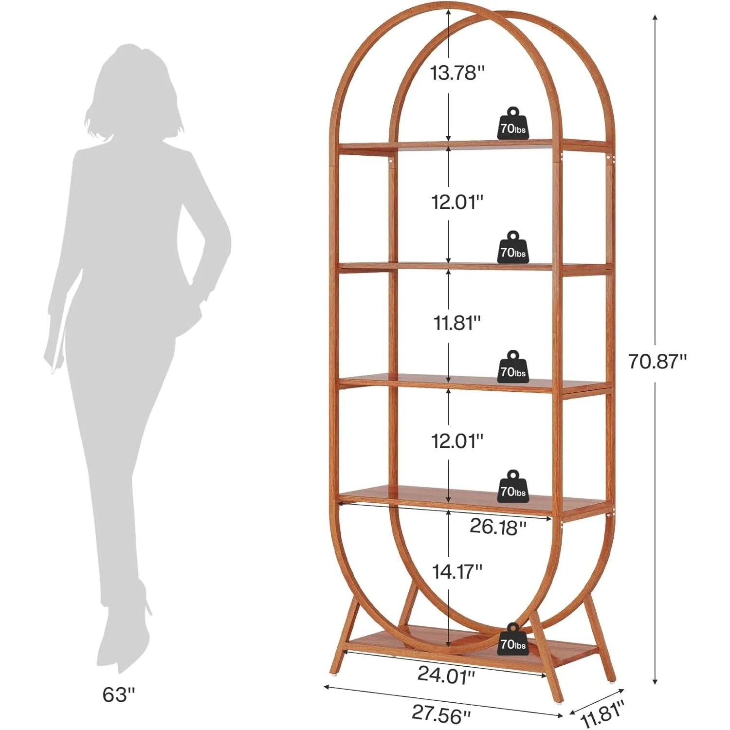 5-Tier Arched Bookcase, 70.8" Tall Open Book Shelves, Freestanding Display