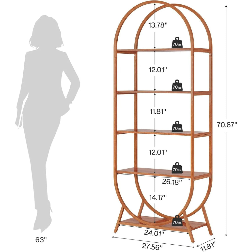 5-Tier Arched Bookcase, 70.8" Tall Open Book Shelves, Freestanding Display
