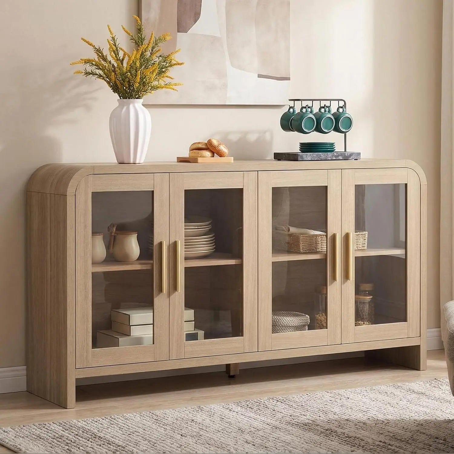 59" Sideboard Buffet Cabinet Storage, Adjustable Shelves 4 Glass Doors