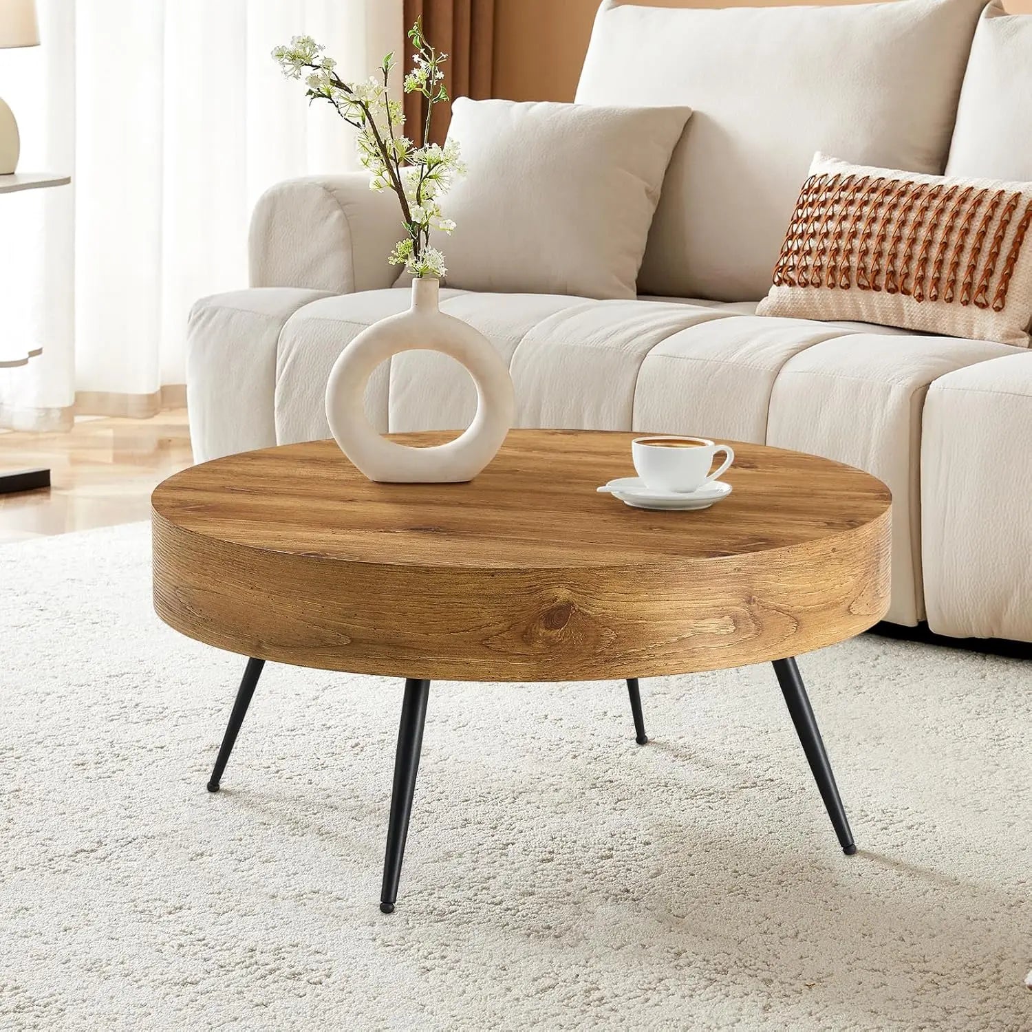 31.5" Wood Coffee Table, Storage Shelf, Round Accent Center Table