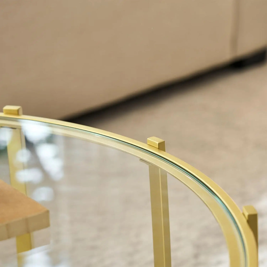 Gold Drum Coffee Table, 2-Tier Tempered Glass Round Center Table, Tinted Glass Top