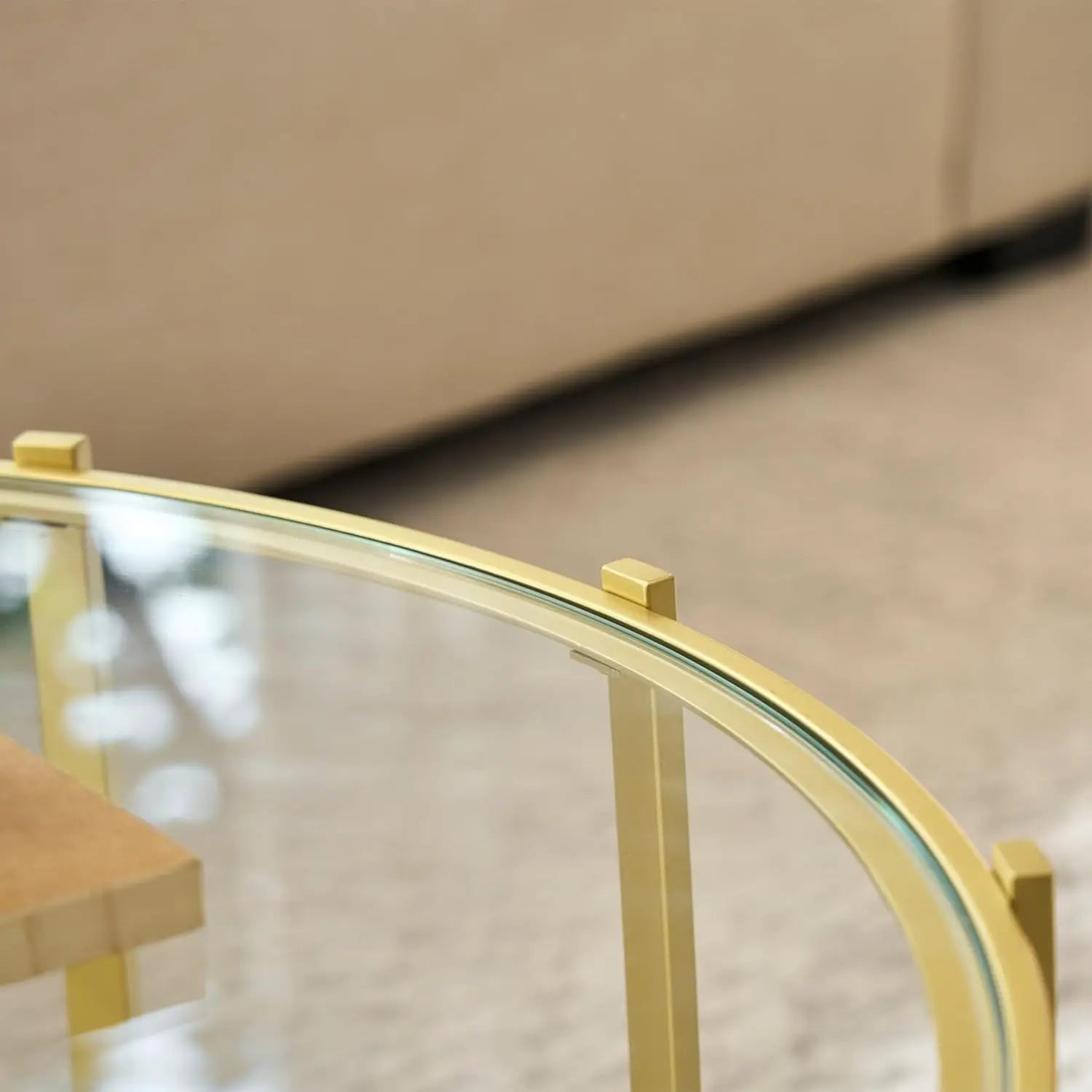 Gold Drum Coffee Table, 2-Tier Tempered Glass Round Center Table, Tinted Glass Top