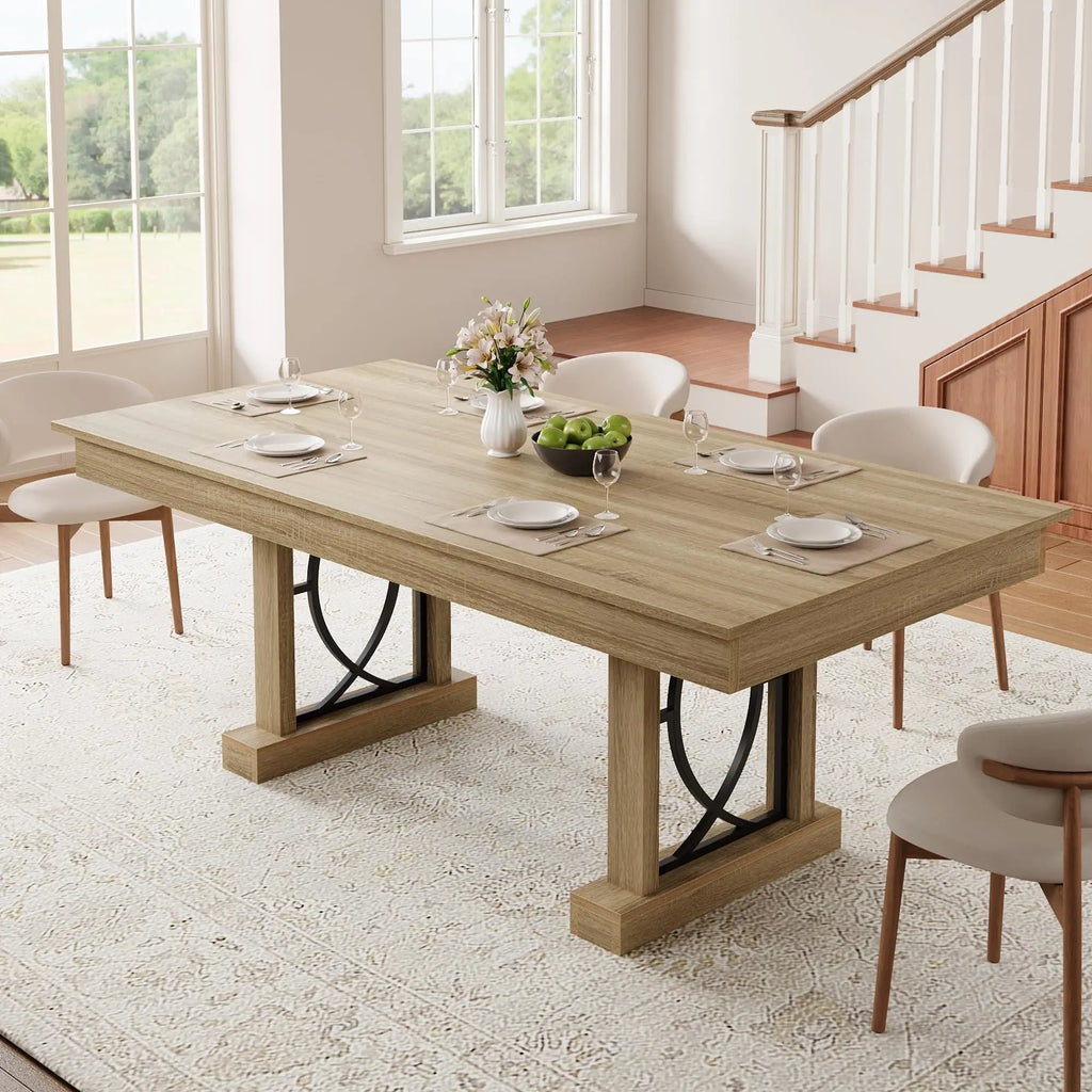 71" Dining Table Seats 6-8 People With 2 Drawers, Double Pedestal