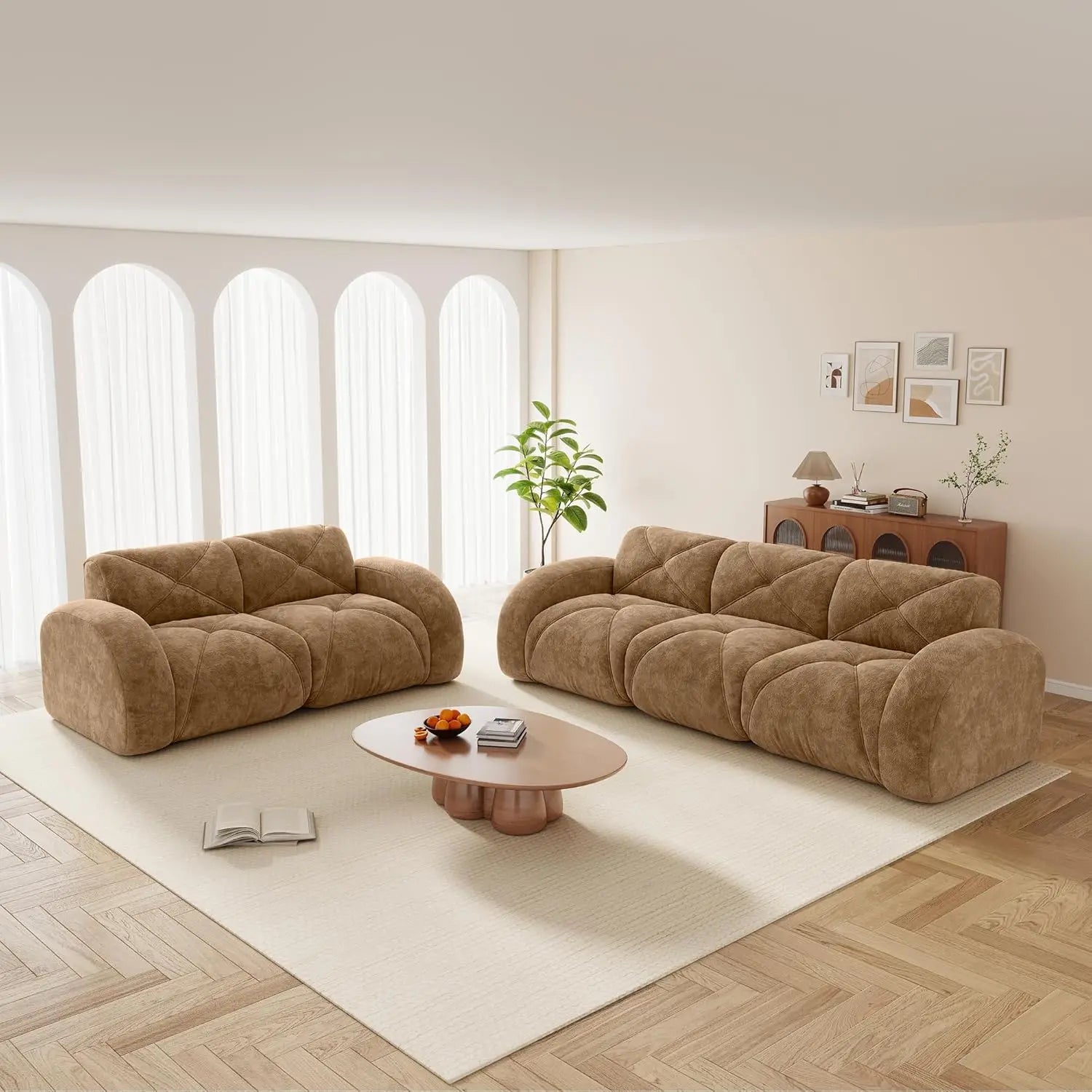 2-Piece Velvet Boneless Sofa Set, 2-Seat Loveseat & 3-Seat Sofa
