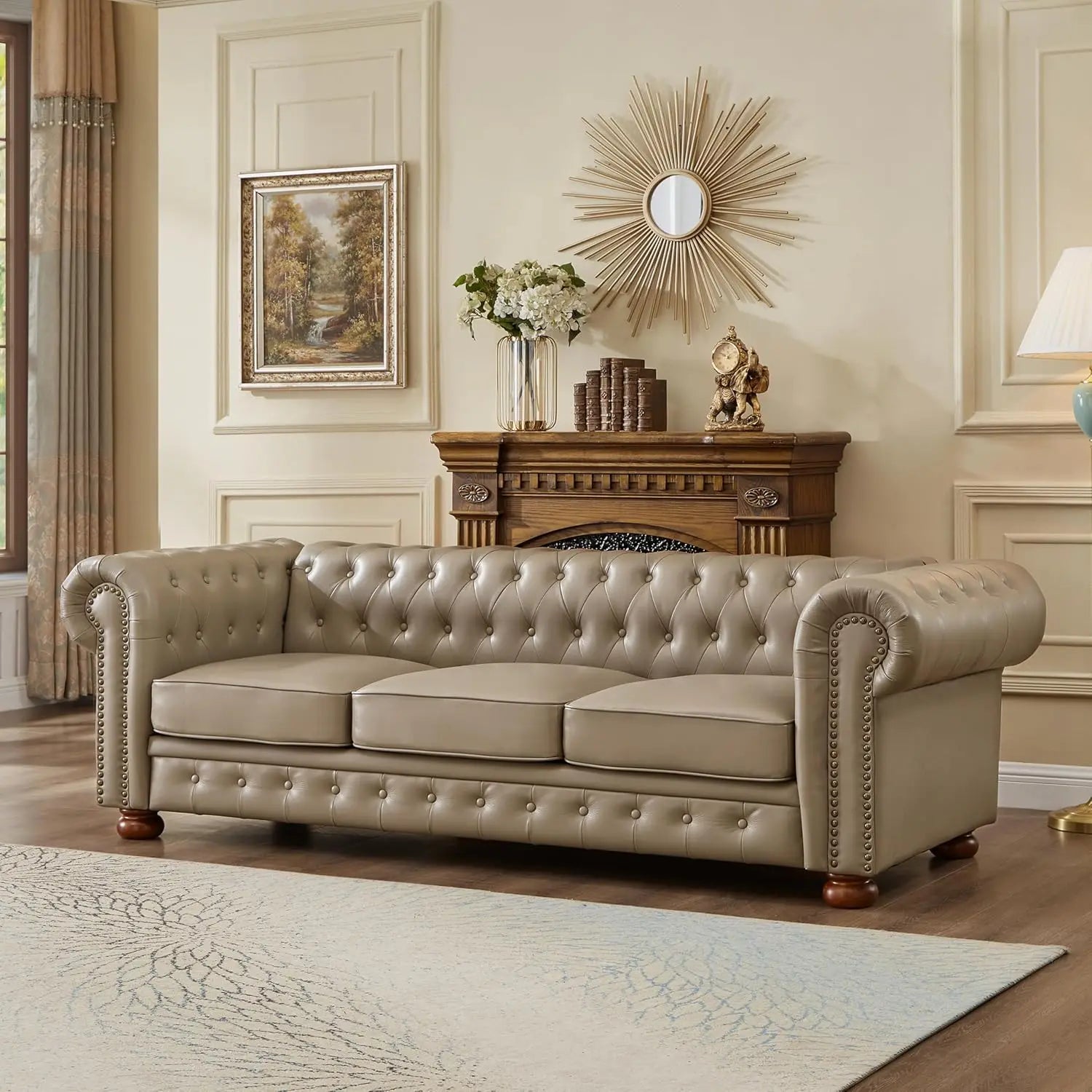 89" Leather Sofa Low Back Roll Arm Nail Head Trim 3-Seat