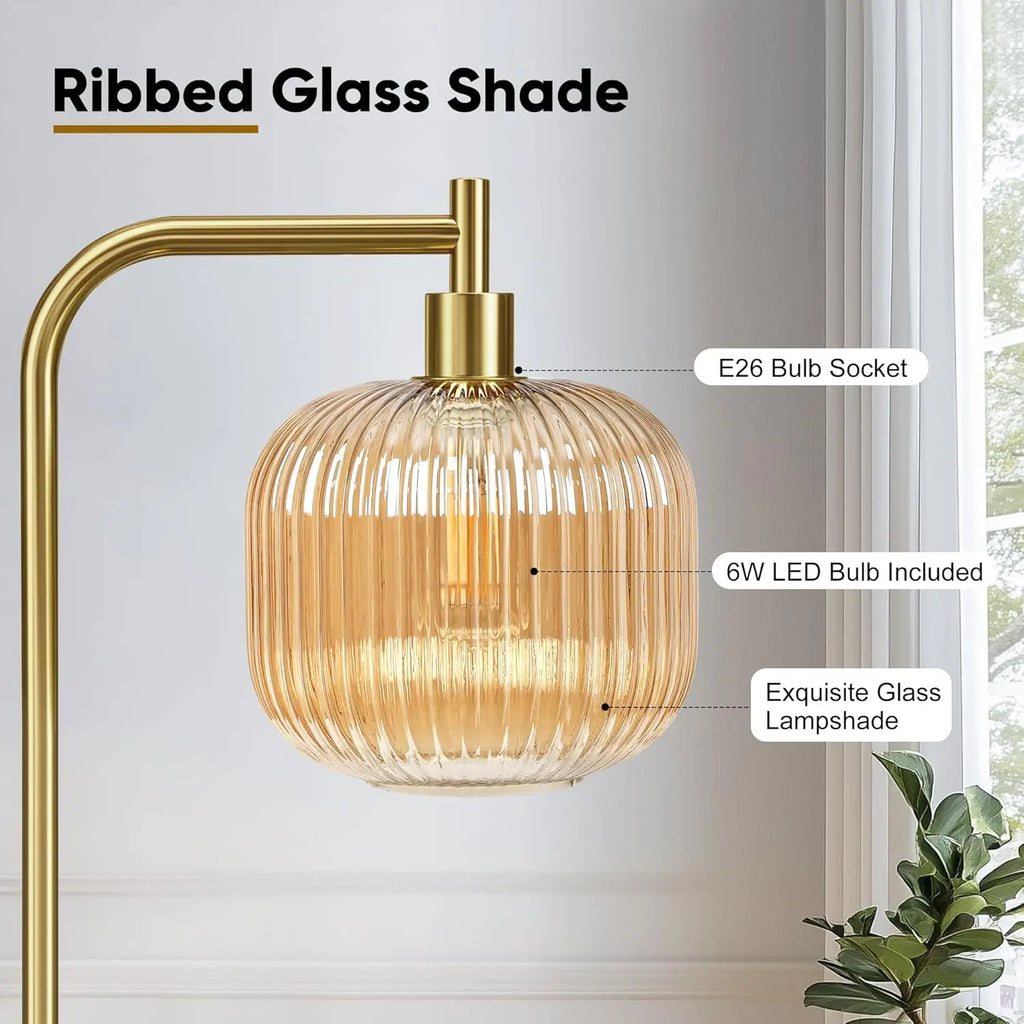 67" Glass Floor Lamp Ribbed Champagne Shade, Brushed Gold Finish