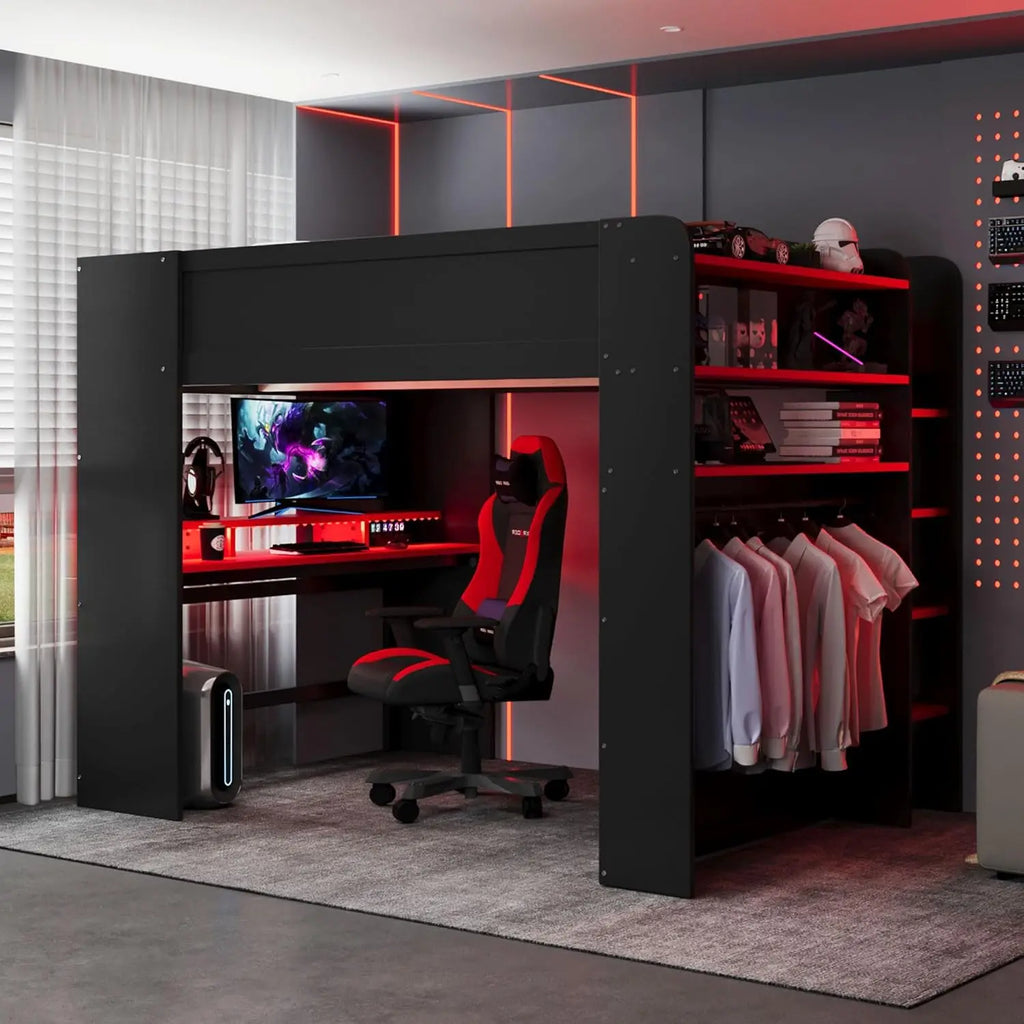 Full Size Wood Bunk Bed, Height-Adjustable Desk, Ample Wardrobe/Storage, RGB Light, Red