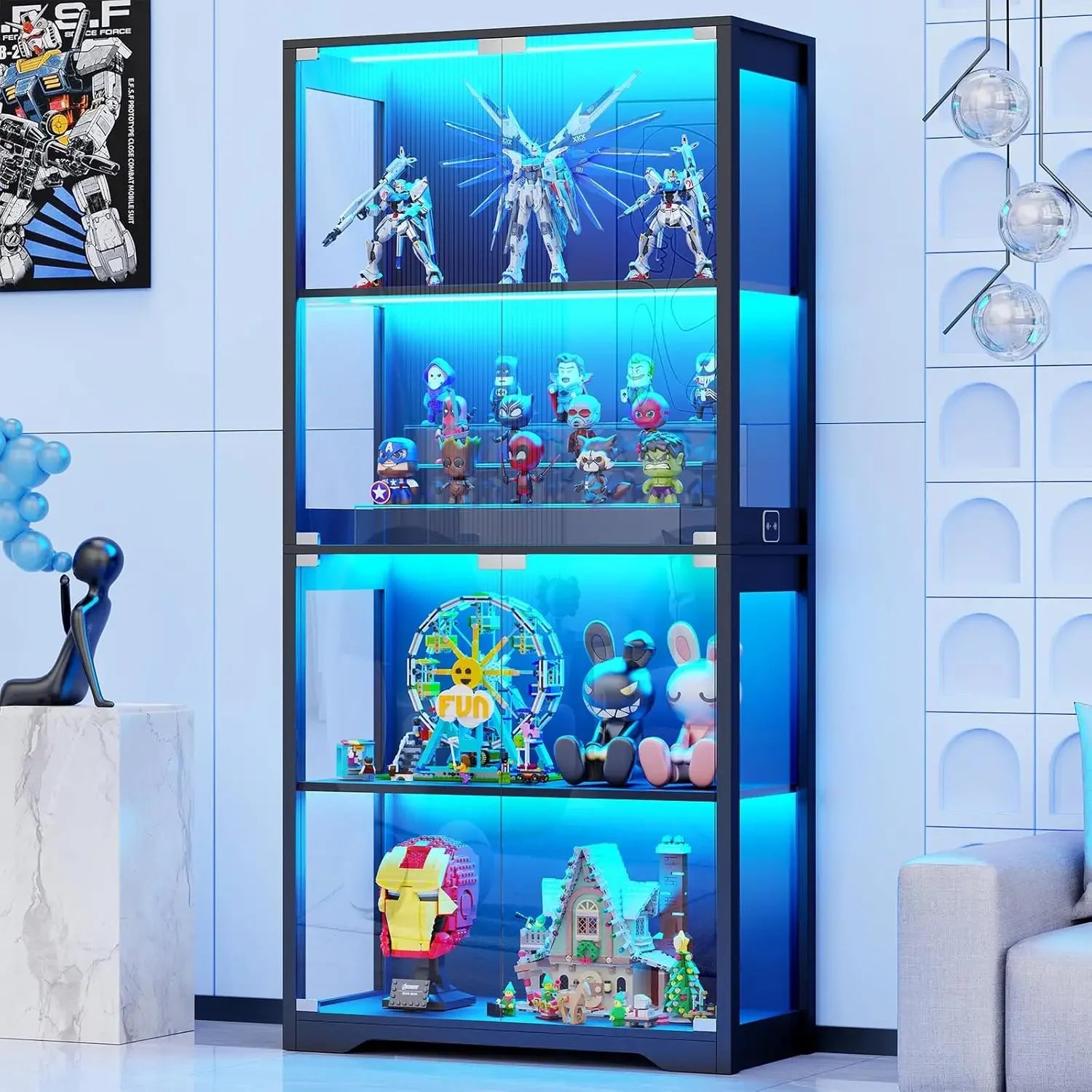 Display Cabinet Glass Doors, 4-Tier, 3 Color Lights,  Glass Display