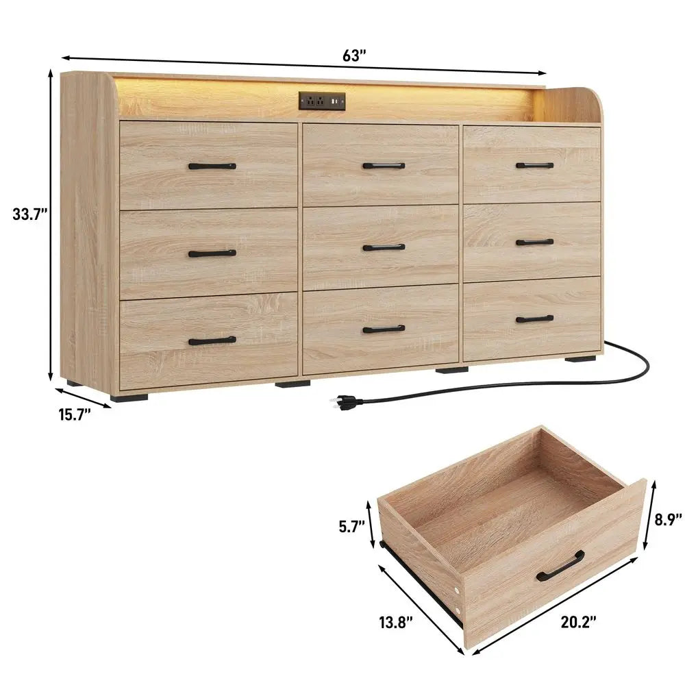 63IN Wood 9-Drawers Dresser, Power Outlet, LED Lights, Deep Drawers