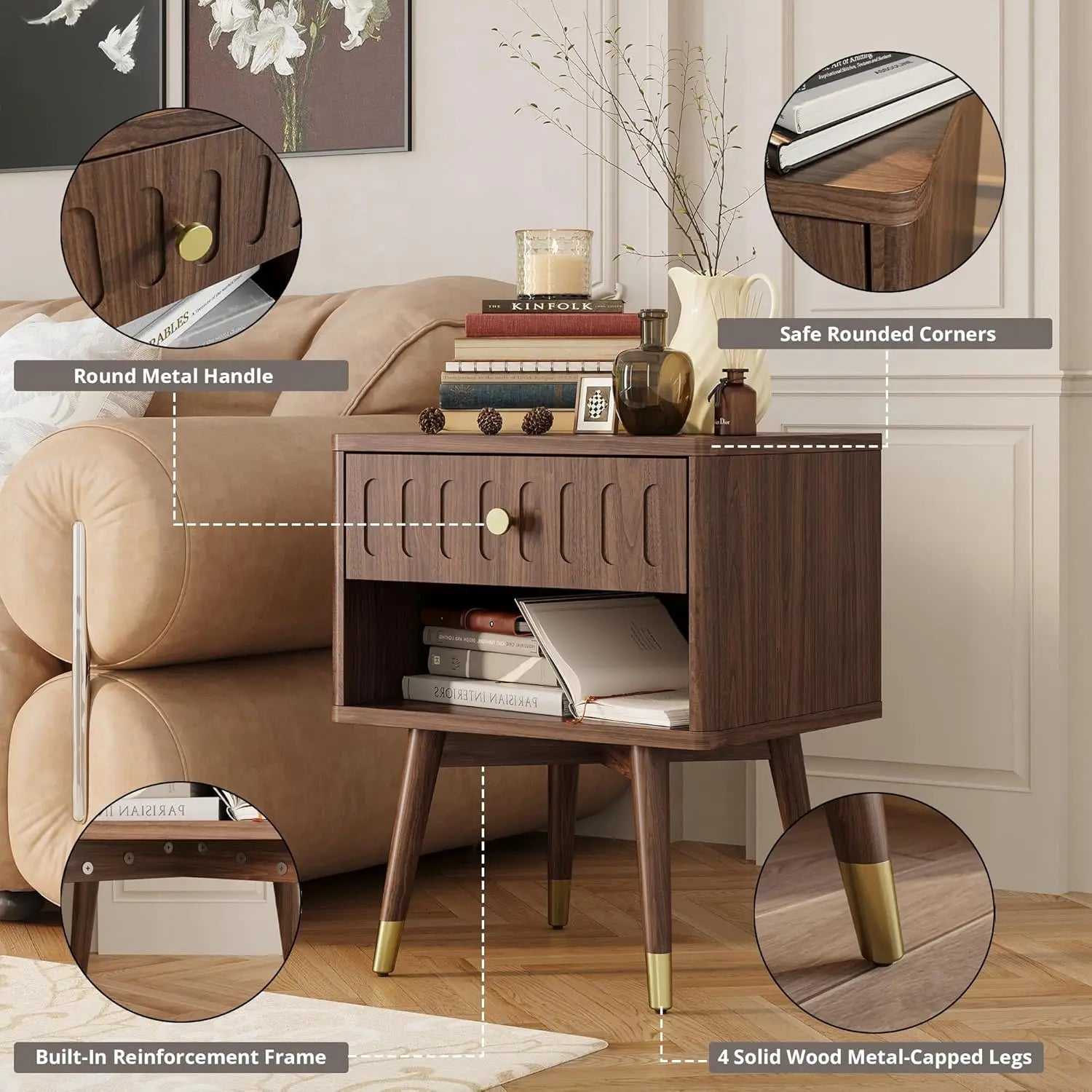 End Table, Drawer, Open Shelf, Charging Station, Capped Legs