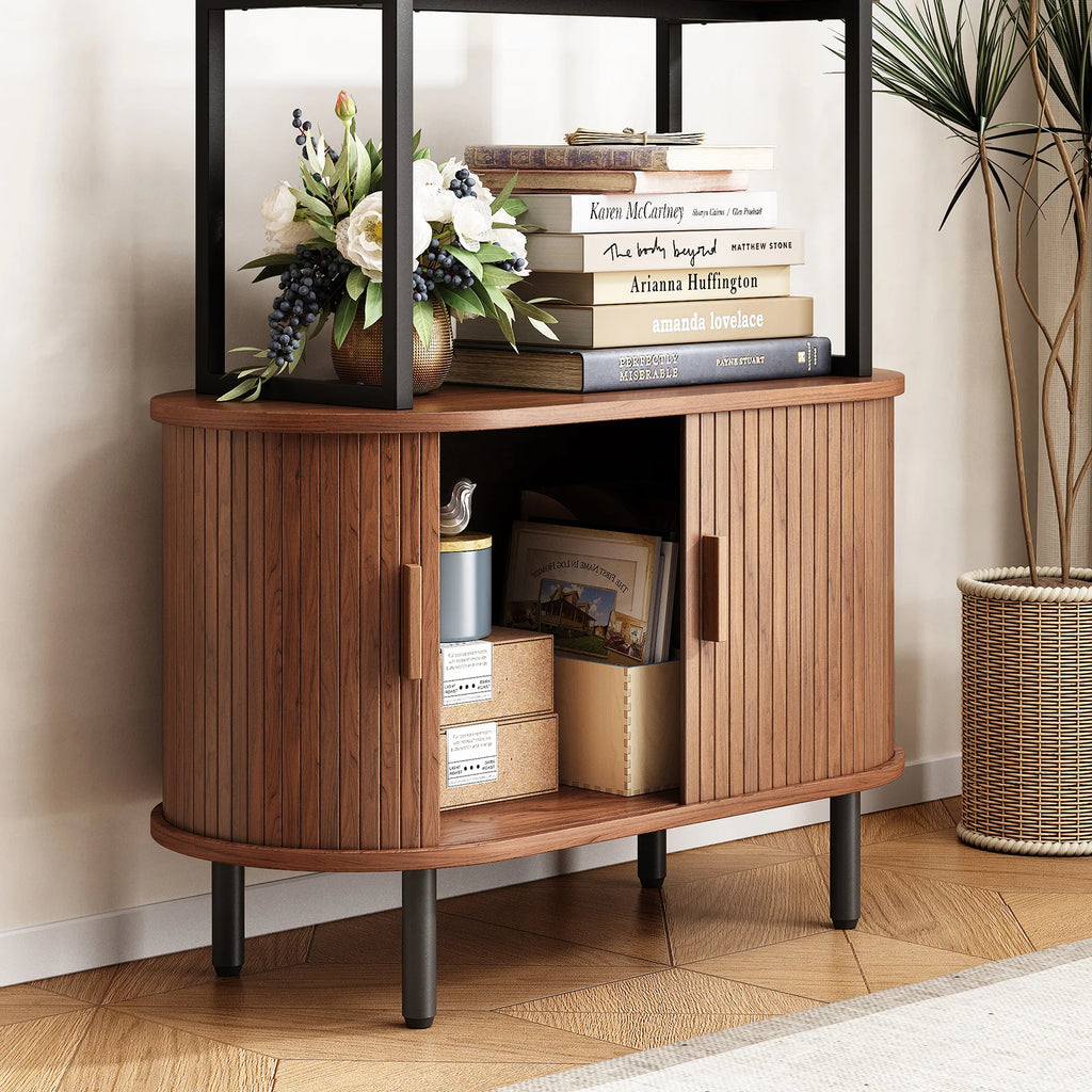 71" Tall, 4-Tier Book Shelf Cabinet, Sliding Door & Adjustable Footpad