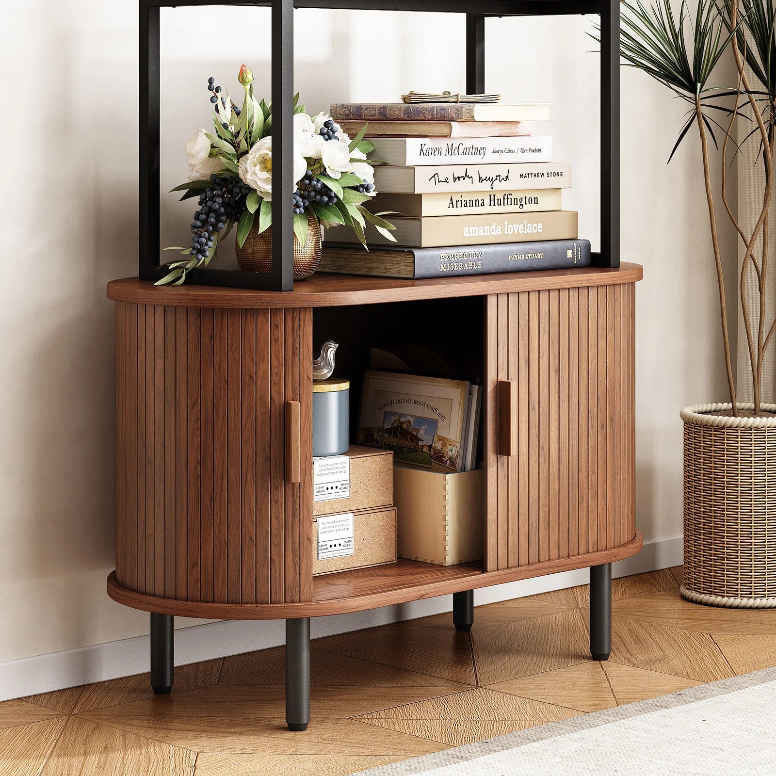 71" Tall, 4-Tier Book Shelf Cabinet, Sliding Door & Adjustable Footpad