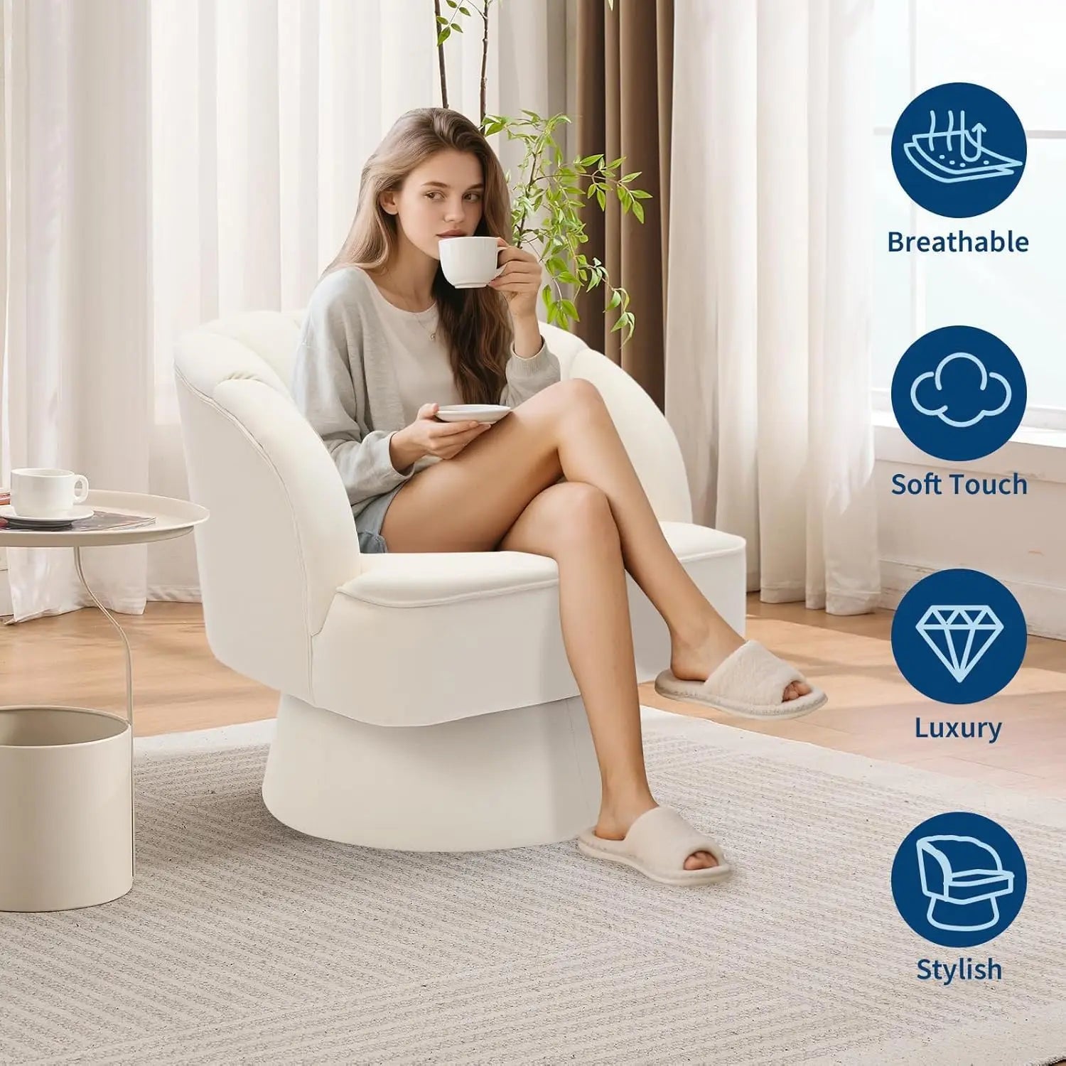 360° Swivel Barrel Armchair with Striped Backrest, Plush Padding Velvet