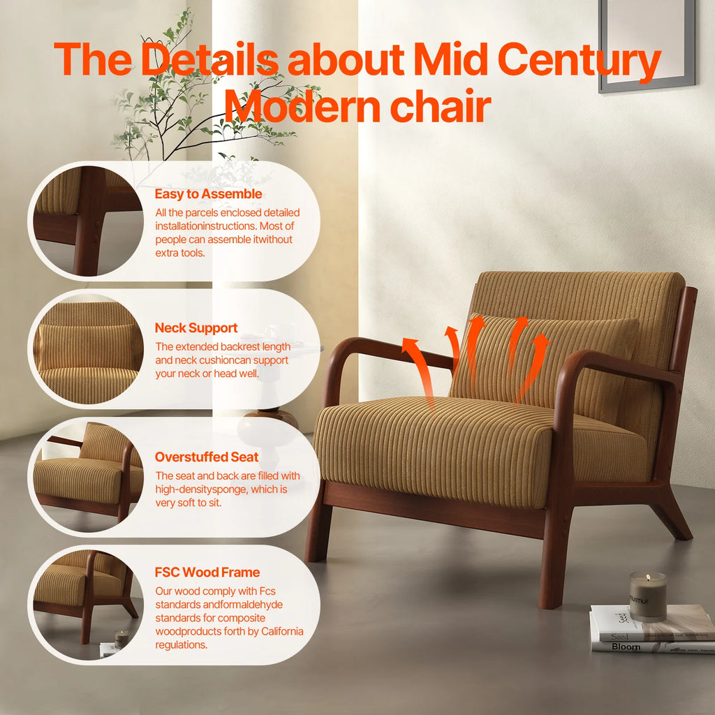 Mid-Century  Accent Chair, Comfy Fabric with Solid Wood Frame