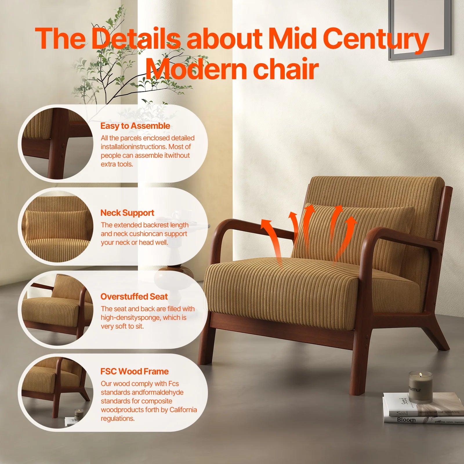 Mid-Century  Accent Chair, Comfy Fabric with Solid Wood Frame