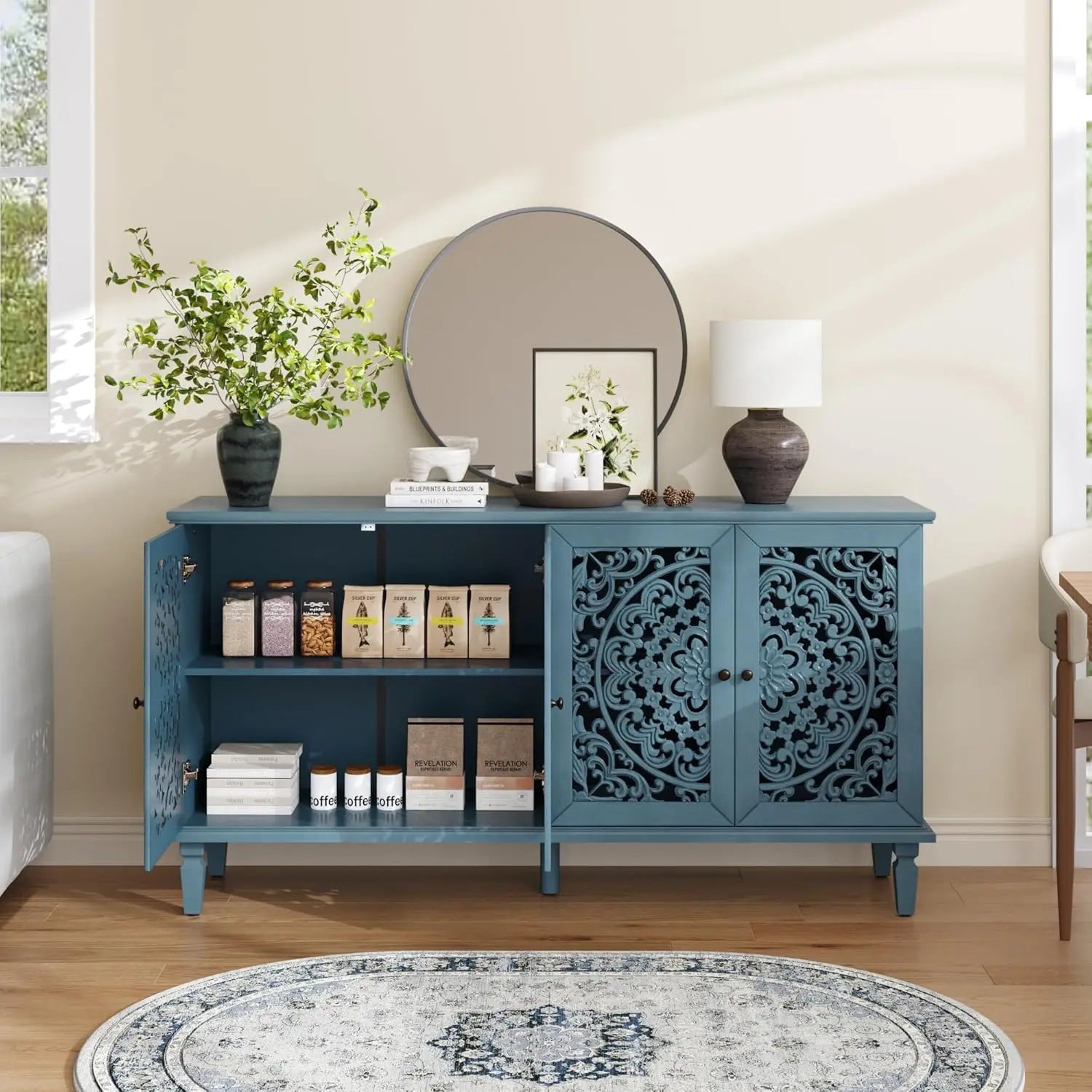 60" Blue Sideboard Buffet 4-Door Hollow Storage Shelf Vintage Console