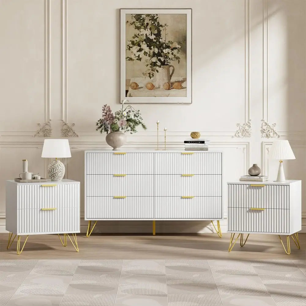 Fluted 3 Piece:  6-Drawer Dresser, (2) 2-Drawer Nightstands