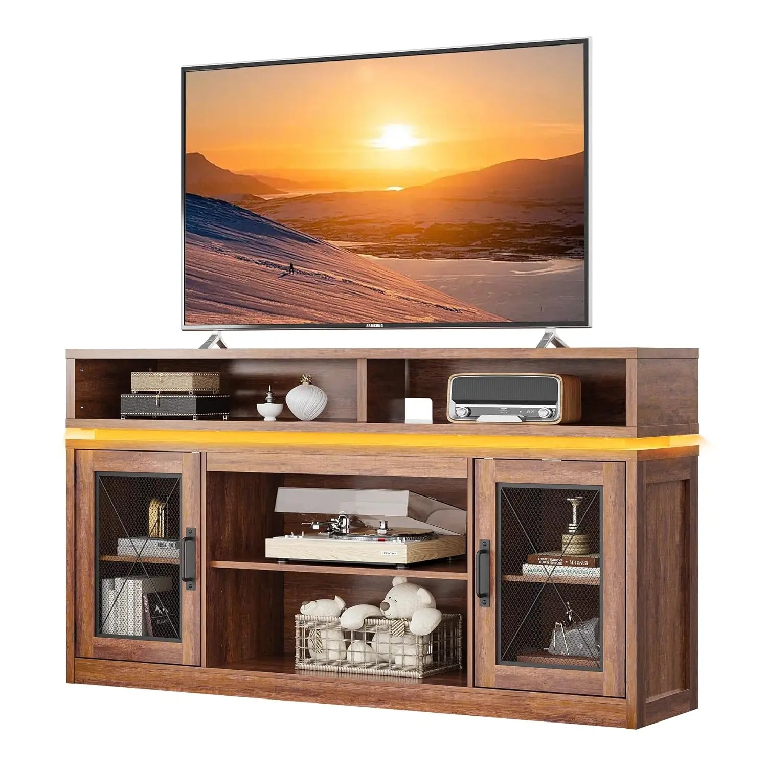 Farmhouse Entertainment Center for TV's Up to 65in, Cabinets, LED Lights